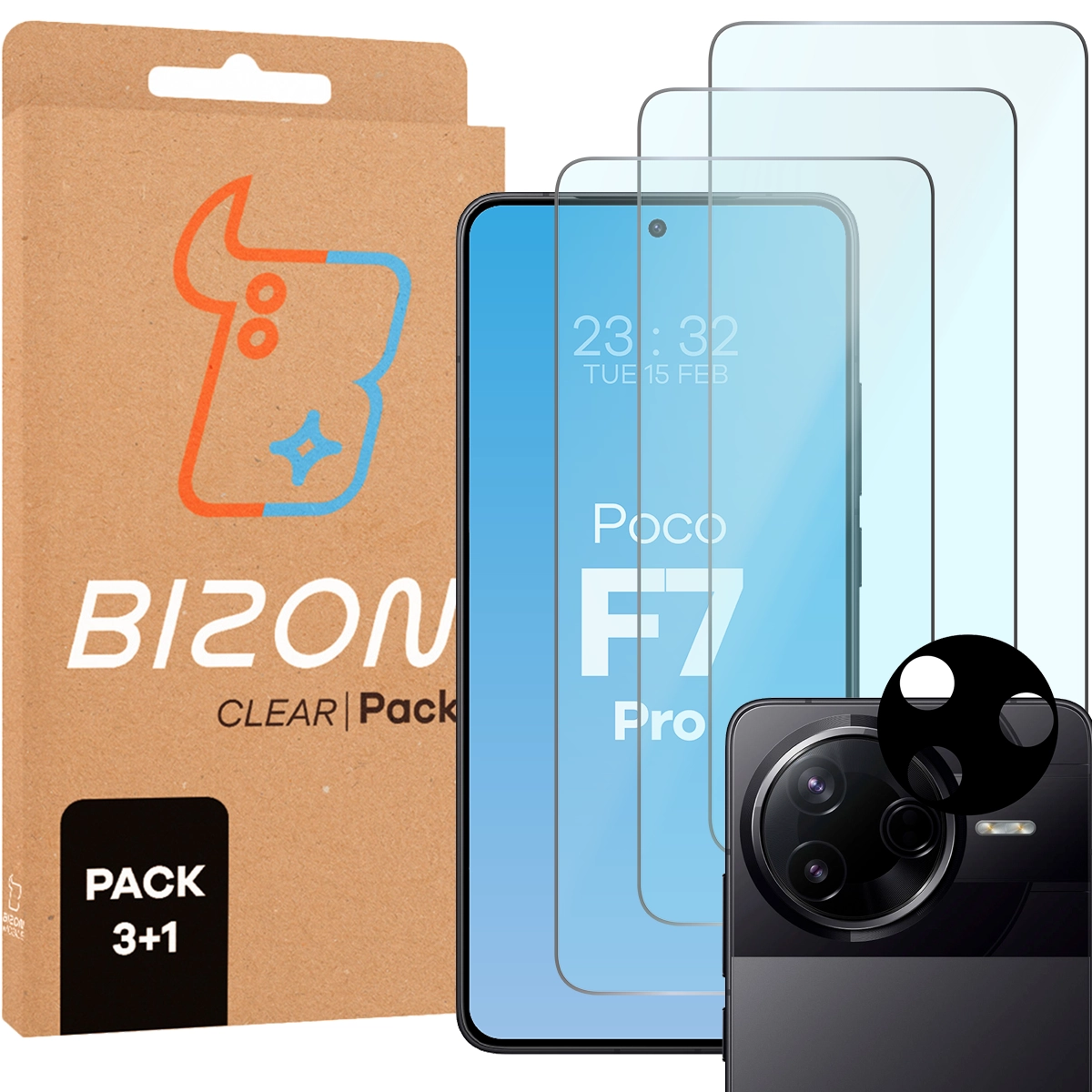 Szkło hartowane Bizon Glass Clear - 3 szt. + obiektyw, Xiaomi Poco F7 Pro